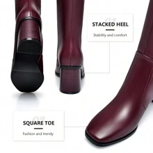Botas altas hasta la rodilla para mujer, botas altas con punta cuadrada y tacón grueso, botas largas de moda con pantorrilla ancha y cremallera lateral