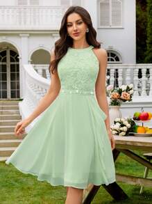 MIUSOL Floral Lace Halter Neck Ruffle Trim Chiffon Prom Party Swing Dress Elegant Semi Formal Wedding Guest Dress, For Birthday, Graduation, Homecoming - Màu xanh Bạc hà - Xem 3