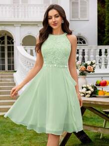 MIUSOL Floral Lace Halter Neck Ruffle Trim Chiffon Prom Party Swing Dress Elegant Semi Formal Wedding Guest Dress, For Birthday, Graduation, Homecoming