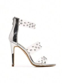 Sandalias de tacón transparente con tachuelas para mujer Sandalias de tacón alto Sandalias de punta abierta con tiras en el tobillo Sandalias de tacón con cremallera en la parte posterior Zapatos de verano Sandalias de fiesta para uso diario Sandalias de noche