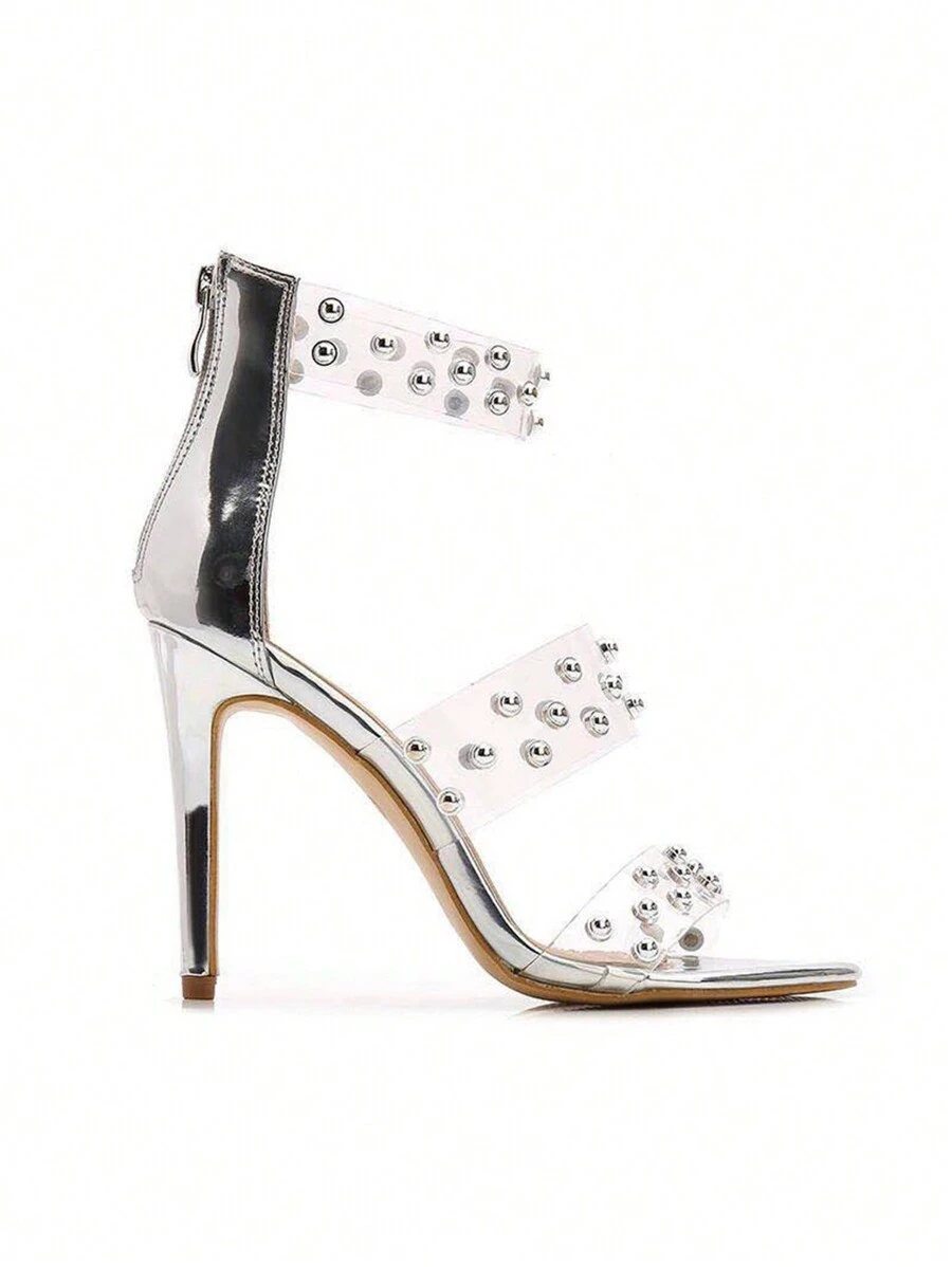 Sandalias de tacón transparente con tachuelas para mujer Sandalias de tacón alto Sandalias de punta abierta con tiras en el tobillo Sandalias de tacón con cremallera en la parte posterior Zapatos de verano Sandalias de fiesta para uso diario Sandalias de noche
