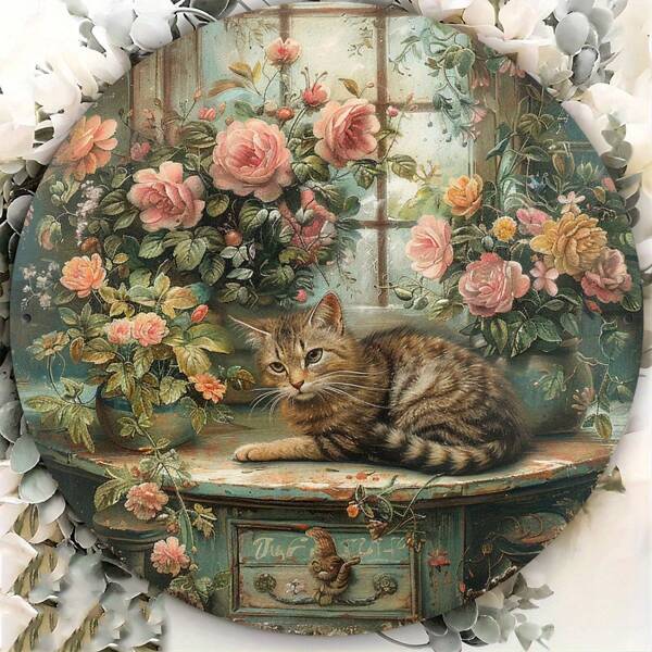 1pc Vintage Cat Floral Shop Sign, 8x8 Inch Metal Wall Art, Indoor/Outdoor Decor For Home, Restaurant, Cafe, Garage Humor Wall Art, Crafts Tools, Random Holes On Top, Bottom, Left And Right Room Decors Garden Decor Wedding Decor Home Decors