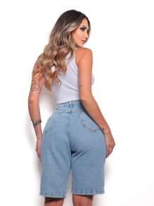 Pengmoda Women's Elegant Casual Knee Length Denim Shorts 505 - 中等水洗藍 - 查看 7