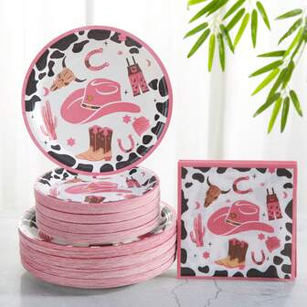 Conjunto de suministros para fiesta con tema de vaquera rosa, platos de papel, platos desechables de papel con tema de vaquera rosa, decoraciones de platos de papel con tema de vaquera, adecuado para regalos, fiestas y celebraciones