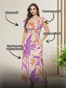 Vestido Longo Estampado com Abertura Lateral e Manga Godê - Multicolorido - Visão 5