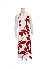 印花吊带连衣裙，休闲拼色印花无袖吊带连衣裙，波西米亚风女式吊带连衣裙 - 紅色 - 查看 3