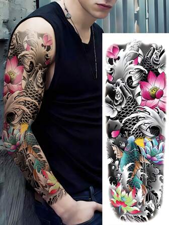 1 张超大全臂尺寸人体艺术临时纹身贴纸，男女皆宜，彩色图腾风格日本传统风格莲花鲤鱼波浪图案，防水假袖纹身，持续 2-5 天，遮盖疤痕，可用于手臂手腕肩腿腰颈手胸部大腿手指，最佳朋友情侣派对纹身
