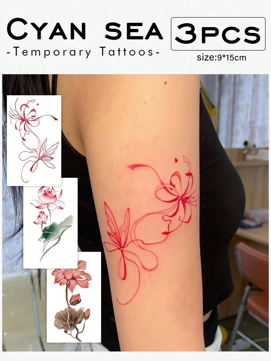 Cyan sea 1pc Waterproof, Sweat-Proof, Non-Reflective Temporary Tattoo Sticker, High-End Abstract Floral And Line Design, Suitable For Fashionable Individuals
