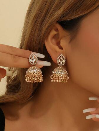 1 Pair Glamorous Earrings, Elegant Teardrop Rhinestone & Bell Tassel Dangle Earrings, Fashion Bollywood Jewelry Gift For Women, Suitable For Everyday, Festivals, Weddings And Parties