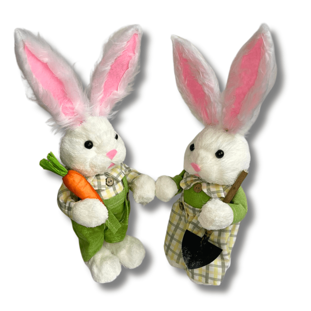 Coelhos de Páscoa Casal Fêmea Macho Branco Ovos de Pascoa Verde Cenoura Decoração de Palha 33cm