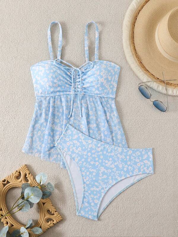 2pcs 2025 New European & US Style Women Sexy Ditsy Floral Tankini Swimwear Two Pieces Set, For Summer Beach Vacation