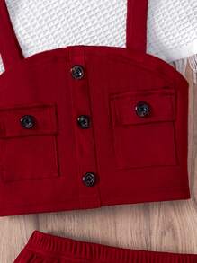 2pcs/Set Girls Casual Fashion Maroon Rib-Knit Top With Pockets & Faux Placket, Paired With Maroon Rib-Knit Skirt With Pockets, Comfortable Spring/Summer Outfit For Girls