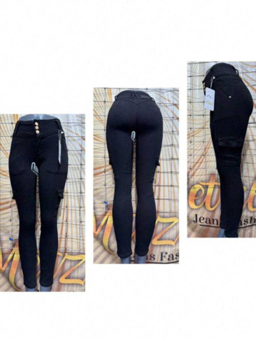 Pantalón de mezclilla estilo cargo - Negro - Ver 1
