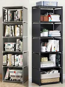 1pc 6-Tier 5-Compartment / 5-Tier 4-Compartment Silver Gray/Black/White Metal + Plastic + Non-Woven Fabric Combination, Multipurpose Storage Rack, Easy Assembly Bookshelf, Floor Stacking Storage Rack, Detachable Storage Organizer, Home Room Bedroom Kitchen Living Room School Dorm Practical Storage Rack