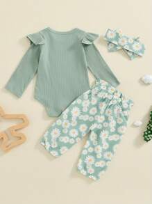 Baby Girls 3 Piece Outfit Long Sleeve Ruffled Ribbed Romper Daisy Print Lacing Pants Hairband Set - Green - View 4