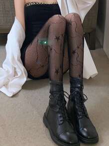 1 pieza Medias/pantimedias negras de mujer con patrón de pentágrama de encaje , sexy