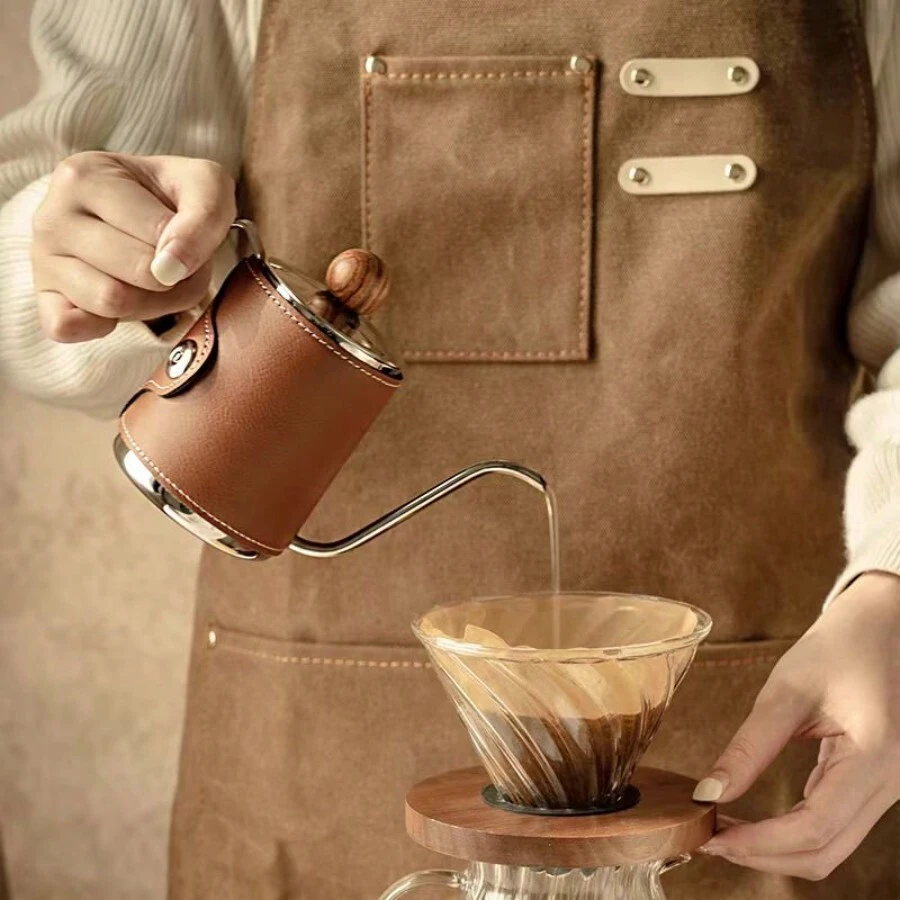 350ml Stainless Steel Manual Pour Over Coffee Pot With Leather Sleeve, Mini Gooseneck Kettle, Gift For Valentine's Day, Birthday