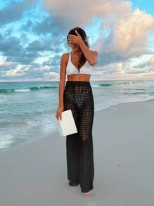 Women's Summer Beach Vacation Solid Color Simple Everyday Cut-Out Cover Up Pants - Black - View 3