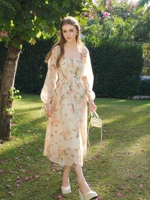 Women's Flower & Butterfly Print Casual Dress, Minimalist & Fashionable Everyday Wear