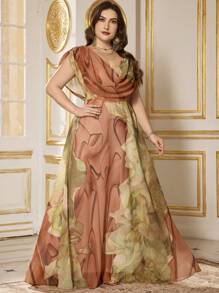 SUPGIR Plus Size Cowl V-Neck Watercolor Print Elegant Chiffon Flowy Party Dress,Gown,Formal,Evening,Wedding Guest