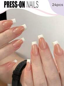 24pcs Medium Coffin Shape Press On Nails With Milky White French Tip Glossy Topcoat Design Nail Art False Nails Simple And Classic Style Fake Nails Nail Set