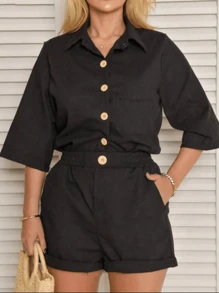 Linen Shorts And 3/5 Sleeve Shirt Set - Black - View 2