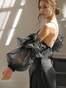 1 Pair Lantern Sleeve Detachable Long Black Bridal Sleeves, Satin Trim Tulle Fingerless Gloves, Romantic & Fleshy Coverage For Wedding Dress