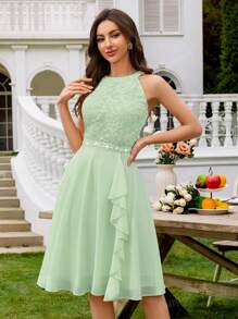 MIUSOL Floral Lace Halter Neck Ruffle Trim Chiffon Prom Party Swing Dress Elegant Semi Formal Wedding Guest Dress, For Birthday, Graduation, Homecoming