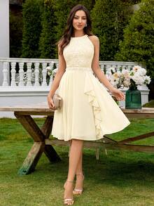 MIUSOL Vestido largo de gasa con escote halter, espalda descubierta, volantes y encaje floral, vestido formal para invitada de boda - Amarillo - Ver 10