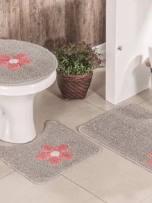 Cotton Bath Mat Set Kit With 3 Pieces Low Pile Applique Various Colors - Gris - Ver 1