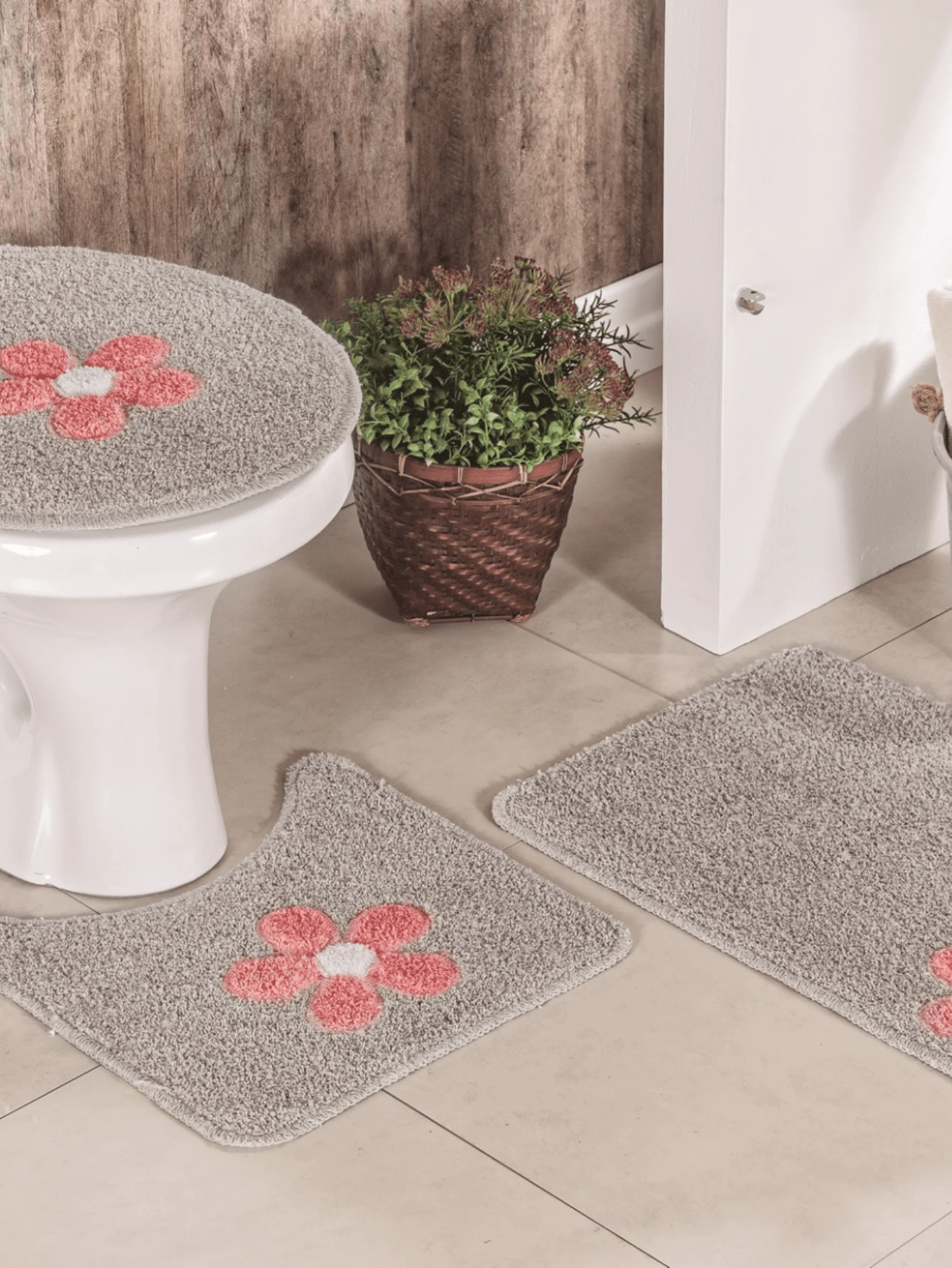 Cotton Bath Mat Set Kit With 3 Pieces Low Pile Applique Various Colors - Gris - Ver 1