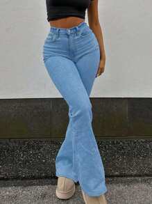 后袋刺绣蝴蝶结紧身喇叭牛仔裤 - 中等水洗藍 - 查看 4