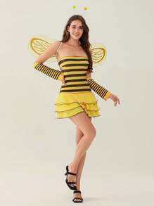 Women Halloween Outfit, Sleeveless Striped/Dots Print Ladybug/Bee Cosplay Dress Hair Hoop Wings