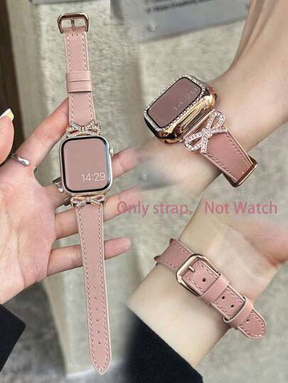 1Pc Compatible With Apple Watch Band Compatible With Apple Watch Strap Women Rose Gold Bow With Diamond Metal Stitching Pink Leather Strap, Compatible With Apple Watch 38/40/41/42/44/45/49/46mm, Compatible With Apple Watch S10/Ultra 3/2/1/Se/9/8/7/6/5/4/3/2/1, Soft And Comfortable Leather With Bow Elements, Stylish And Lovely, AppleWatch Accessories