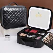 1 neceser de viaje con espejo iluminado por LED, organizador de brochas de maquillaje, estuche de maquillaje con espejo, neceser de maquillaje portátil, organizador de cosméticos de viaje, neceser de cosméticos, estuche de cosméticos con compartimentos ajustables, organizador de cosméticos impermeable, herramienta de almacenamiento, con espejo, con compartimentos, con organizador de brochas de maquillaje, con asa de transporte, diseño de rombos, alta calidad, adecuado para el hogar, la empresa, la escuela, de viaje (rombo negro, rombo rosa)