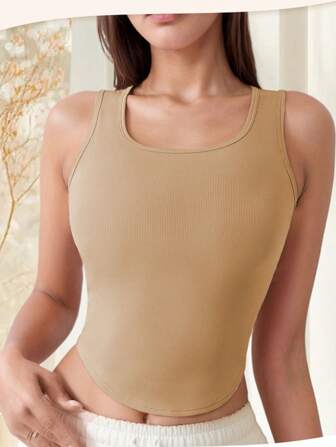 1 件女式纯色百搭休闲短款 U 领无袖修身 U 形短款背心