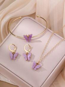 4pcs/Set Girls' Acrylic Butterfly Necklace, Bracelet, And Earring Set - Multicolor - View 10