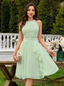 MIUSOL Floral Lace Halter Neck Ruffle Trim Chiffon Prom Party Swing Dress Elegant Semi Formal Wedding Guest Dress, For Birthday, Graduation, Homecoming