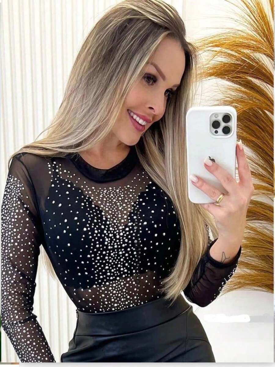 Women's Bore Tulle Bodysuit With Pearls - Black 1 - View 1