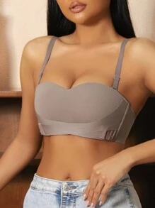 女士挺胸無肩帶內衣，帶前扣和胸垫的無肩帶胸衣，隱形防滑防光，適合婚紗晚禮服，適用於A-B罩杯 - 咖啡棕 - 查看 3