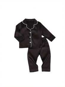 Toddler Baby Black Satin Pajamas, Infant Boy Short/Long Sleeve Short/Long Pants Sleepwear, Casual Button Two-Pieces Set - màu đen - Xem 3