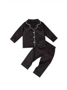 Toddler Baby Black Satin Pajamas, Infant Boy Short/Long Sleeve Short/Long Pants Sleepwear, Casual Button Two-Pieces Set - màu đen - Xem 1