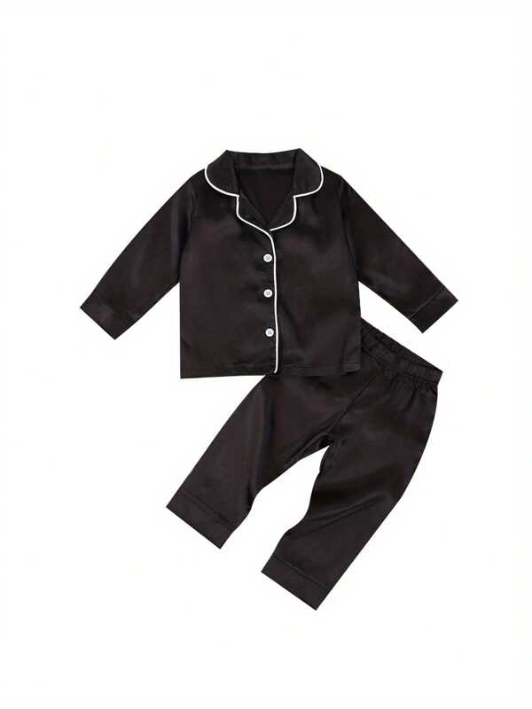 Toddler Baby Black Satin Pajamas, Infant Boy Short/Long Sleeve Short/Long Pants Sleepwear, Casual Button Two-Pieces Set