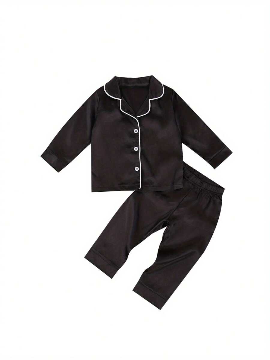 Toddler Baby Black Satin Pajamas, Infant Boy Short/Long Sleeve Short/Long Pants Sleepwear, Casual Button Two-Pieces Set - màu đen - Xem 1