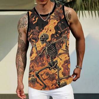 夏季男士创意火焰骷髅3D打印嘻哈风上衣