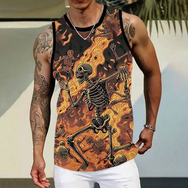 Chaleco de hombre de verano con diseño 3D de calavera en llamas, estilo hip hop