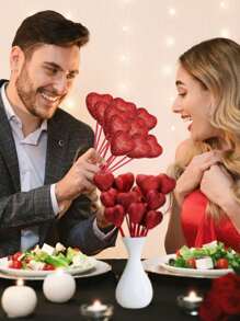 50PCS Valentine Glitter Foam Hearts Picks Sparkly Foam Hearts Stems Wooden Glitter Heart Picks Puffy Heart Picks Or Valentine Decorations And Flower Arrangements