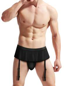 1 Set Men's Sexy Black Thong Brief And Garter Belt Undergarment - Black - View 2