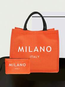 一套亚麻手提袋，包含一个印有“米兰，意大利”字样的手提袋和一个印有花卉和字母图案的小收纳袋，个性化礼品包装，适合婚礼、生日、海滩、度假等场合，是送给女性、母亲、教师、朋友、伴娘、学生和返校季的完美礼物。