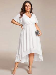 EVER-PRETTY Vestido formal elegante de talle alto hasta la rodilla con escote en V y bajo asimétrico con fruncidos para despedida de soltera, ducha nupcial, vestido de novia para boda